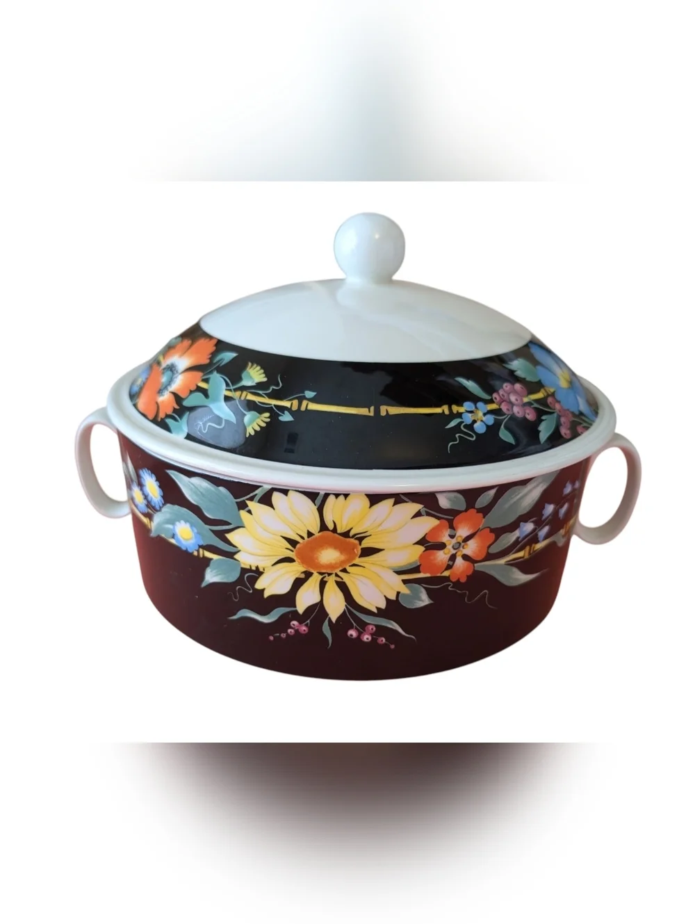 Villeroy & Boch Xenia Porcelain Covered Dish Vintage German Black Floral 80's